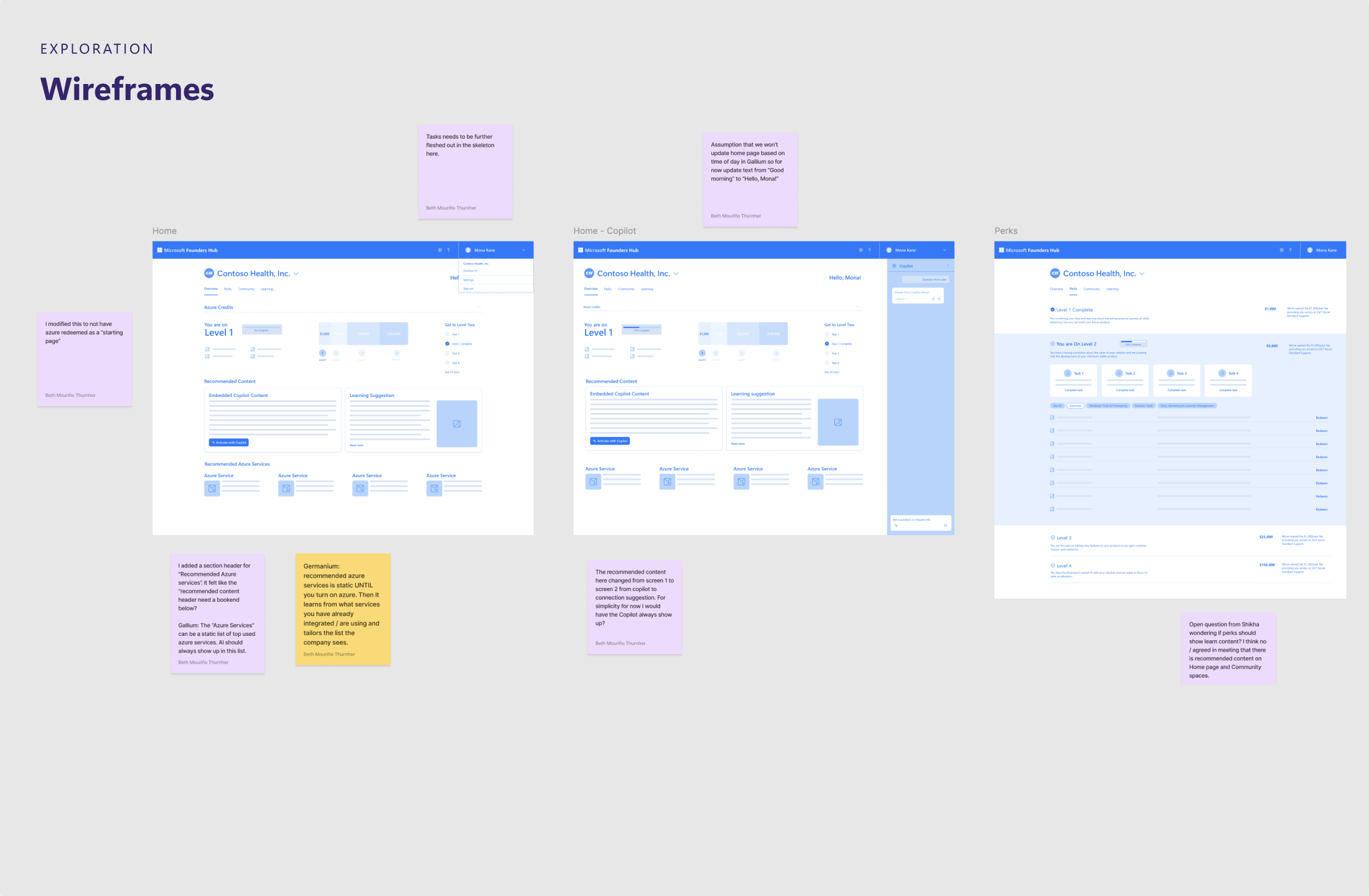 Low-fidelity wireframes showing multiple design directions